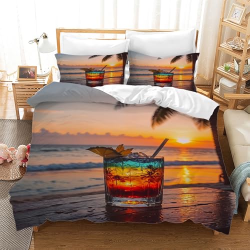 BSYYZQC Bettwäsche 140x200 3teilig Sonnenuntergang Am Strand Mikrofaser Bettbezug Weinglas Bettwäsche-Sets mit 2 Kissenbezüge 80x80cm, Wendebettwäsche Bedding mit Reißverschluss von BSYYZQC