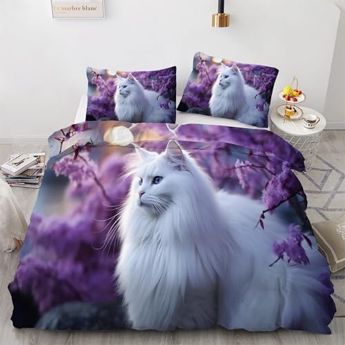 BSYYZQC Bettwäsche 155x220 Angorakatze Bettwäsche-Sets Lila Blume Bettbezug Weiche Atmungsaktiv Mikrofaser mit Reißverschluss und 2 Kissenbezüge 80x80 für Erwachsene Geeignet von BSYYZQC