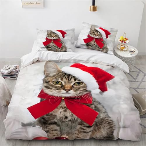 Bettwäsche 200x200 Weihnachten Bettwäsche-Sets Katze Bettbezug Weiche Atmungsaktiv Mikrofaser mit Reißverschluss und 2 Kissenbezüge 80x80 für Erwachsene Geeignet von BSYYZQC