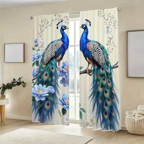 BSYYZQC Blaue Blumen Vorhang Verdunkelung, Ösenvorhang Pfau Verdunklungsvorhänge Geräuschreduzierend, Polyester Anti-Fade Gardinen für Schlafzimmer 2er Set 260x140cm (HxB) von BSYYZQC