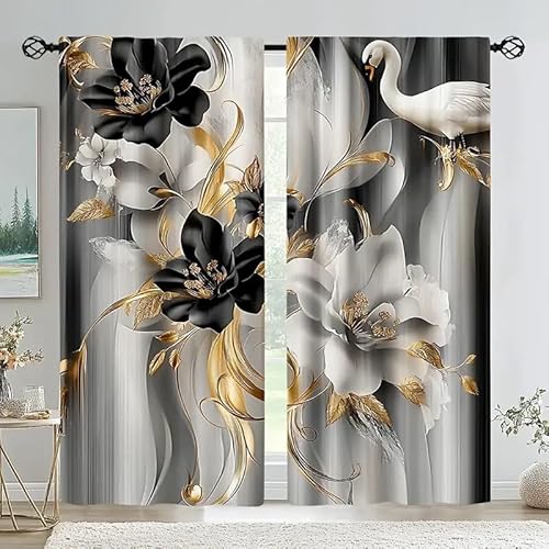 BSYYZQC Blumen Verdunkelungsvorhang, Vorhang Blickdicht WeißE Gans Vorhänge mit Ösen, Gardinen Verdunklungsvorhänge für Wohnzimmer Schlafzimmer Kinderzimmer 2er Set 145x140cm (HxB) von BSYYZQC