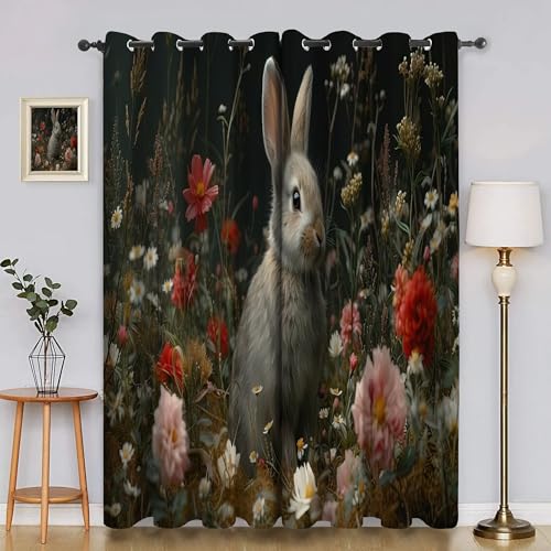 BSYYZQC Blumen Vorhang Verdunkelung, Ösenvorhang Graues Kaninchen Verdunklungsvorhänge Geräuschreduzierend, Polyester Anti-Fade Gardinen für Schlafzimmer 2er Set 260x140cm (HxB) von BSYYZQC
