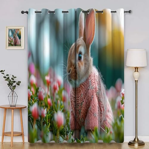 BSYYZQC Blumen Vorhang Verdunkelung, Ösenvorhang Kaninchen Verdunklungsvorhänge Geräuschreduzierend, Polyester Anti-Fade Gardinen für Schlafzimmer 2er Set 260x140cm (HxB) von BSYYZQC