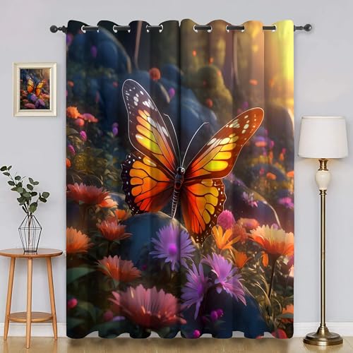 BSYYZQC Blumen Vorhang Verdunkelung, Ösenvorhang Schmetterling Verdunklungsvorhänge Geräuschreduzierend, Polyester Anti-Fade Gardinen für Schlafzimmer 2er Set 260x140cm (HxB) von BSYYZQC