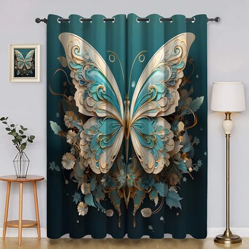 BSYYZQC Blumen Vorhang Verdunkelung, Ösenvorhang Schmetterling Verdunklungsvorhänge Geräuschreduzierend, Polyester Anti-Fade Gardinen für Schlafzimmer 2er Set 260x140cm (HxB) von BSYYZQC