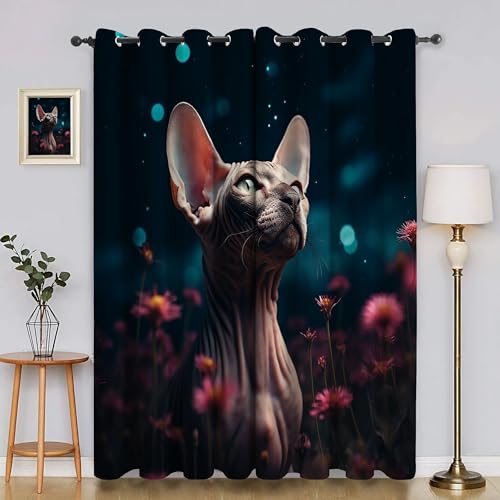 BSYYZQC Blumen Vorhang Verdunkelung, Ösenvorhang Sphynx-Katze Verdunklungsvorhänge Geräuschreduzierend, Polyester Anti-Fade Gardinen für Schlafzimmer 2er Set 260x140cm (HxB) von BSYYZQC