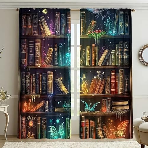 BSYYZQC BüCherregal Vorhang Verdunkelung, Ösenvorhang Retro Verdunklungsvorhänge Geräuschreduzierend, Polyester Anti-Fade Gardinen für Schlafzimmer 2er Set 260x140cm (HxB) von BSYYZQC