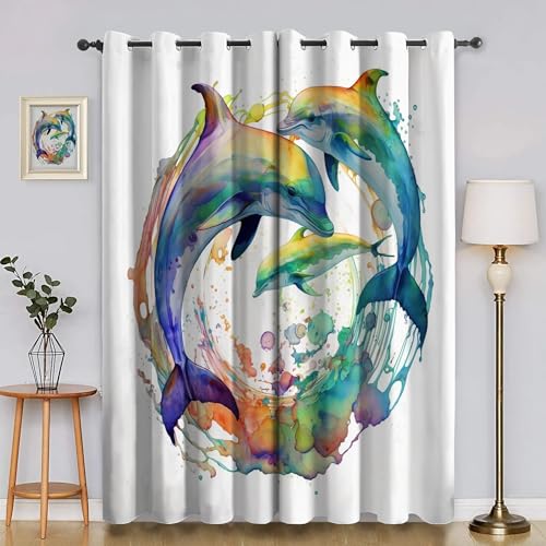 BSYYZQC Bunt Vorhang Verdunkelung, Ösenvorhang Delphin Verdunklungsvorhänge Geräuschreduzierend, Polyester Anti-Fade Gardinen für Schlafzimmer 2er Set 260x140cm (HxB) von BSYYZQC