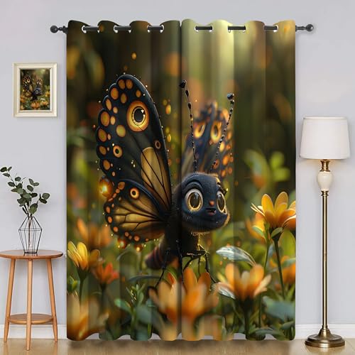BSYYZQC Cartoon-Schmetterling Vorhang Verdunkelung, Ösenvorhang Blumen Verdunklungsvorhänge Geräuschreduzierend, Polyester Anti-Fade Gardinen für Schlafzimmer 2er Set 260x140cm (HxB) von BSYYZQC