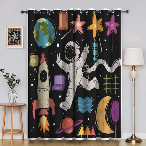 BSYYZQC Cartoon-Weltraum Verdunkelungsvorhang, Vorhang Blickdicht Rakete Vorhänge mit Ösen, Gardinen Verdunklungsvorhänge für Wohnzimmer Schlafzimmer Kinderzimmer 2er Set 145x140cm (HxB) von BSYYZQC