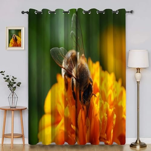 BSYYZQC Chrysanthemen Verdunkelungsvorhang, Vorhang Blickdicht Bienen Vorhänge mit Ösen, Gardinen Verdunklungsvorhänge für Wohnzimmer Schlafzimmer Kinderzimmer 2er Set 145x140cm (HxB) von BSYYZQC