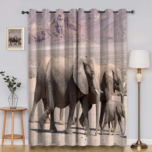 BSYYZQC Elefant Blackout Vorhang, Vorhänge Blickdicht WüSte Gardinen mit ösen, Gegen Kälte Super Weich Schallschutz Vorhang für Schlafzimmer 2er Set 220x140cm (HxB) von BSYYZQC