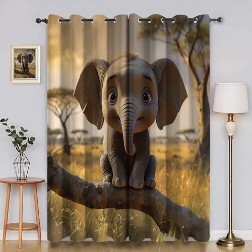 BSYYZQC Elefant Verdunkelungsvorhang, Vorhang Blickdicht Steppe Vorhänge mit Ösen, Gardinen Verdunklungsvorhänge für Wohnzimmer Schlafzimmer Kinderzimmer 2er Set 145x140cm (HxB) von BSYYZQC