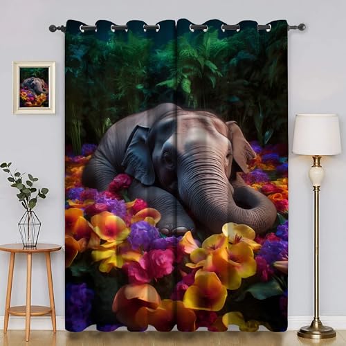 BSYYZQC Elefant Vorhang Verdunkelung, Ösenvorhang BlüTenblatt Verdunklungsvorhänge Geräuschreduzierend, Polyester Anti-Fade Gardinen für Schlafzimmer 2er Set 260x140cm (HxB) von BSYYZQC