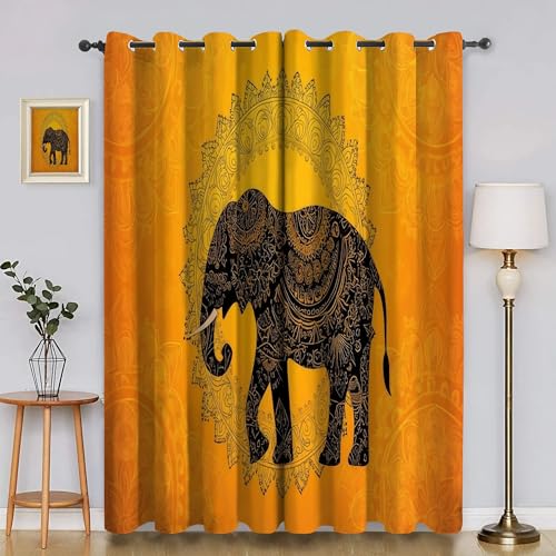 BSYYZQC Elefant Vorhang Verdunkelung, Ösenvorhang Ethnischer Stil Verdunklungsvorhänge Geräuschreduzierend, Polyester Anti-Fade Gardinen für Schlafzimmer 2er Set 260x140cm (HxB) von BSYYZQC