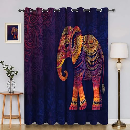 BSYYZQC Elefant Vorhang Verdunkelung, Ösenvorhang Ethnischer Stil Verdunklungsvorhänge Geräuschreduzierend, Polyester Anti-Fade Gardinen für Schlafzimmer 2er Set 260x140cm (HxB) von BSYYZQC