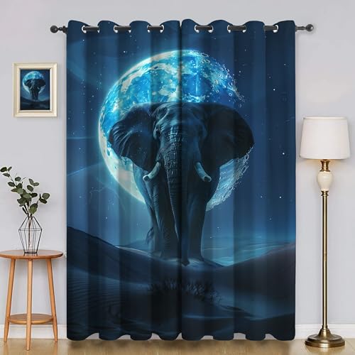 BSYYZQC Elefant Vorhang Verdunkelung, Ösenvorhang Mond Verdunklungsvorhänge Geräuschreduzierend, Polyester Anti-Fade Gardinen für Schlafzimmer 2er Set 260x140cm (HxB) von BSYYZQC