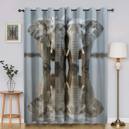 BSYYZQC Elefant Vorhang Verdunkelung, Ösenvorhang Spiegel Verdunklungsvorhänge Geräuschreduzierend, Polyester Anti-Fade Gardinen für Schlafzimmer 2er Set 260x140cm (HxB) von BSYYZQC