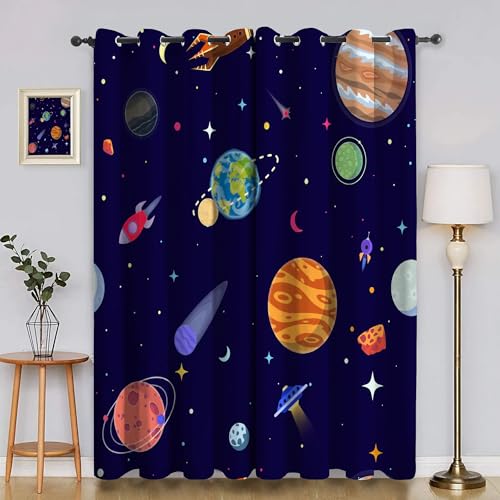 BSYYZQC Erde Vorhang Verdunkelung, Ösenvorhang Raumschiff Verdunklungsvorhänge Geräuschreduzierend, Polyester Anti-Fade Gardinen für Schlafzimmer 2er Set 260x140cm (HxB) von BSYYZQC