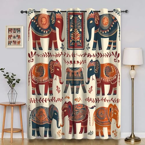 BSYYZQC Ethnischer Stil Vorhänge, Fenstergardinen Elefant Outdoor Vorhang Wetterfest mit ösen, für Kinderschlafzimmerbadezimmerküchentür-Heimdekor 2er Set 245x140cm (HxB) von BSYYZQC