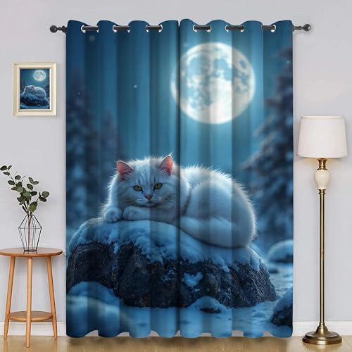 BSYYZQC Fette Katze Gardinen, Verdunklungsvorhänge Mond Schallschutz Vorhang, Blickdicht Vorhänge mit Ösen, Vorhänge Wohnzimmer für Schlafzimmer Kinderzimmer 2er Set 175x140cm (HxB) von BSYYZQC