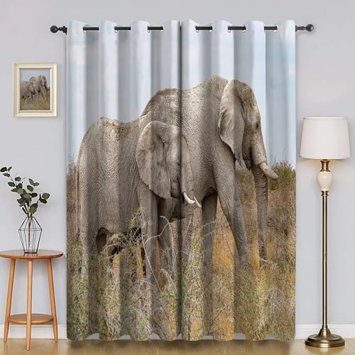 BSYYZQC Gras Gardinen, Verdunklungsvorhänge Elefant Schallschutz Vorhang, Blickdicht Vorhänge mit Ösen, Vorhänge Wohnzimmer für Schlafzimmer Kinderzimmer 2er Set 175x140cm (HxB) von BSYYZQC