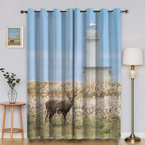 BSYYZQC Gras Gardinen, Verdunklungsvorhänge Hirsch Schallschutz Vorhang, Blickdicht Vorhänge mit Ösen, Vorhänge Wohnzimmer für Schlafzimmer Kinderzimmer 2er Set 175x140cm (HxB) von BSYYZQC