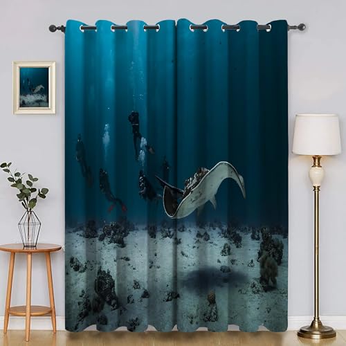 BSYYZQC Hai Verdunkelungsvorhang, Vorhang Blickdicht Meerestier Vorhänge mit Ösen, Gardinen Verdunklungsvorhänge für Wohnzimmer Schlafzimmer Kinderzimmer 2er Set 145x140cm (HxB) von BSYYZQC