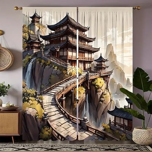 BSYYZQC Haus Vorhang Verdunkelung, Ösenvorhang GebäUde Verdunklungsvorhänge Geräuschreduzierend, Polyester Anti-Fade Gardinen für Schlafzimmer 2er Set 260x140cm (HxB) von BSYYZQC