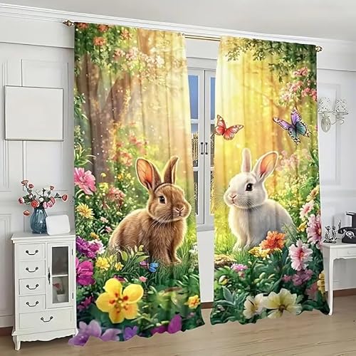 BSYYZQC Kaninchen Vorhang Verdunkelung, Ösenvorhang Garten Verdunklungsvorhänge Geräuschreduzierend, Polyester Anti-Fade Gardinen für Schlafzimmer 2er Set 260x140cm (HxB) von BSYYZQC