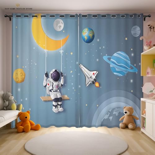 BSYYZQC Karikatur Blackout Vorhang, Vorhänge Blickdicht Astronaut Gardinen mit ösen, Gegen Kälte Super Weich Schallschutz Vorhang für Schlafzimmer 2er Set 220x140cm (HxB) von BSYYZQC