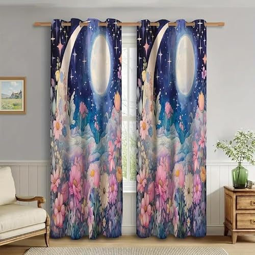 BSYYZQC Karikatur Vorhang Verdunkelung, Ösenvorhang Mond Und Blumen Verdunklungsvorhänge Geräuschreduzierend, Polyester Anti-Fade Gardinen für Schlafzimmer 2er Set 260x140cm (HxB) von BSYYZQC