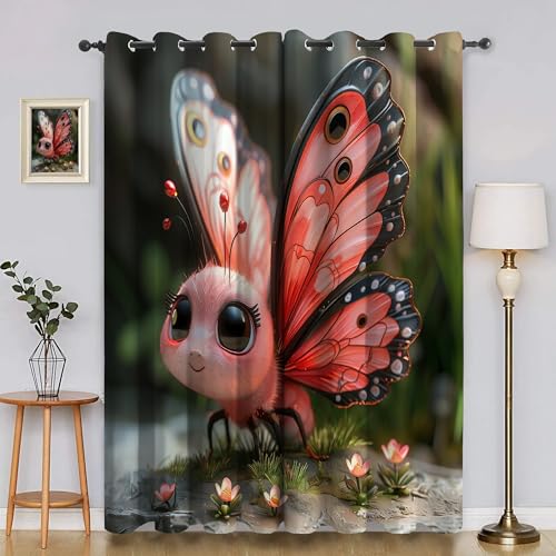 BSYYZQC Kleine Blume Gardinen, Verdunklungsvorhänge Cartoon-Schmetterling Schallschutz Vorhang, Blickdicht Vorhänge mit Ösen, Vorhänge Wohnzimmer für Schlafzimmer Kinderzimmer 2er Set 175x140cm (HxB) von BSYYZQC
