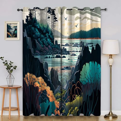 BSYYZQC Landschaft Blackout Vorhang, Vorhänge Blickdicht Wald Gardinen mit ösen, Gegen Kälte Super Weich Schallschutz Vorhang für Schlafzimmer 2er Set 220x140cm (HxB) von BSYYZQC