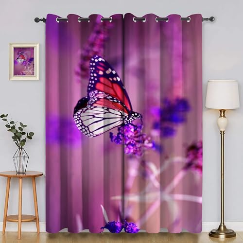 BSYYZQC Lila Blume Blackout Vorhang, Vorhänge Blickdicht Schmetterling Gardinen mit ösen, Gegen Kälte Super Weich Schallschutz Vorhang für Schlafzimmer 2er Set 220x140cm (HxB) von BSYYZQC