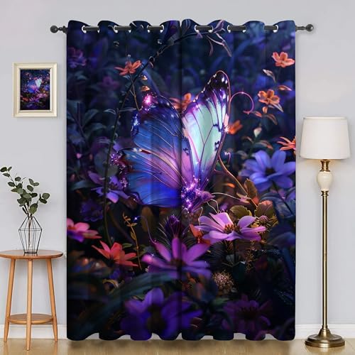 BSYYZQC Lila Blume Vorhang Verdunkelung, Ösenvorhang Motte Verdunklungsvorhänge Geräuschreduzierend, Polyester Anti-Fade Gardinen für Schlafzimmer 2er Set 260x140cm (HxB) von BSYYZQC