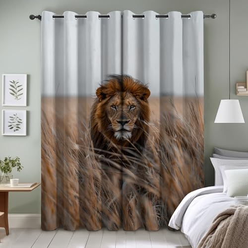 BSYYZQC LöWe Blackout Vorhang, Vorhänge Blickdicht Gras Gardinen mit ösen, Gegen Kälte Super Weich Schallschutz Vorhang für Schlafzimmer 2er Set 220x140cm (HxB) von BSYYZQC