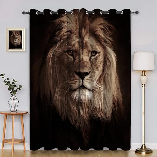 BSYYZQC LöWe Gardinen, Verdunklungsvorhänge Tier Schallschutz Vorhang, Blickdicht Vorhänge mit Ösen, Vorhänge Wohnzimmer für Schlafzimmer Kinderzimmer 2er Set 175x140cm (HxB) von BSYYZQC