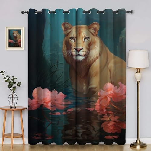 BSYYZQC LöWe Verdunkelungsvorhang, Vorhang Blickdicht Lotus Vorhänge mit Ösen, Gardinen Verdunklungsvorhänge für Wohnzimmer Schlafzimmer Kinderzimmer 2er Set 145x140cm (HxB) von BSYYZQC