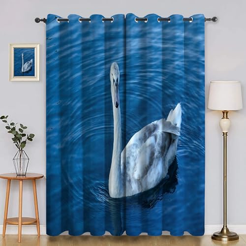 BSYYZQC Meer Gardinen, Verdunklungsvorhänge Schwan Schallschutz Vorhang, Blickdicht Vorhänge mit Ösen, Vorhänge Wohnzimmer für Schlafzimmer Kinderzimmer 2er Set 175x140cm (HxB) von BSYYZQC