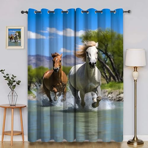 BSYYZQC Meerwasser Verdunkelungsvorhang, Vorhang Blickdicht Pferd Vorhänge mit Ösen, Gardinen Verdunklungsvorhänge für Wohnzimmer Schlafzimmer Kinderzimmer 2er Set 145x140cm (HxB) von BSYYZQC