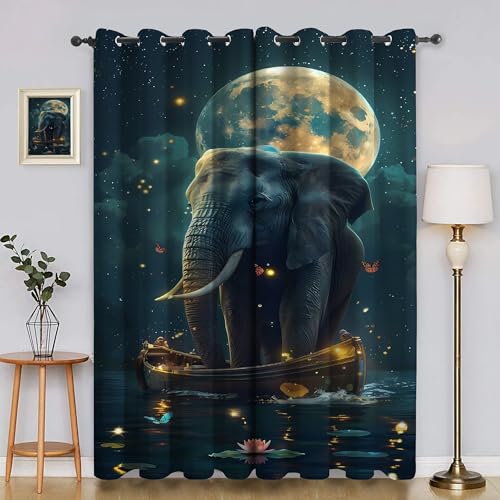 BSYYZQC Mond Blackout Vorhang, Vorhänge Blickdicht Elefant Gardinen mit ösen, Gegen Kälte Super Weich Schallschutz Vorhang für Schlafzimmer 2er Set 220x140cm (HxB) von BSYYZQC