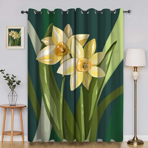 BSYYZQC Narzisse Gardinen, Verdunklungsvorhänge Blumen Schallschutz Vorhang, Blickdicht Vorhänge mit Ösen, Vorhänge Wohnzimmer für Schlafzimmer Kinderzimmer 2er Set 175x140cm (HxB) von BSYYZQC