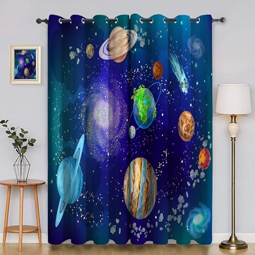 BSYYZQC Planet Vorhang Verdunkelung, Ösenvorhang Erde Verdunklungsvorhänge Geräuschreduzierend, Polyester Anti-Fade Gardinen für Schlafzimmer 2er Set 260x140cm (HxB) von BSYYZQC