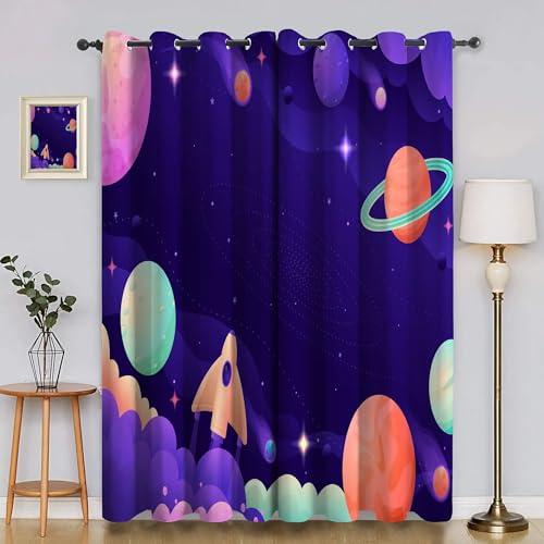 BSYYZQC Planet Vorhang Verdunkelung, Ösenvorhang Flugzeug Verdunklungsvorhänge Geräuschreduzierend, Polyester Anti-Fade Gardinen für Schlafzimmer 2er Set 260x140cm (HxB) von BSYYZQC