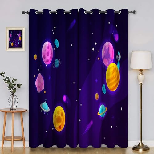 BSYYZQC Planet Vorhang Verdunkelung, Ösenvorhang Sternenlicht Verdunklungsvorhänge Geräuschreduzierend, Polyester Anti-Fade Gardinen für Schlafzimmer 2er Set 260x140cm (HxB) von BSYYZQC