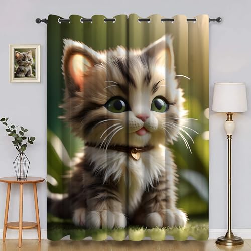 BSYYZQC Rasen Verdunkelungsvorhang, Vorhang Blickdicht KäTzchen Vorhänge mit Ösen, Gardinen Verdunklungsvorhänge für Wohnzimmer Schlafzimmer Kinderzimmer 2er Set 145x140cm (HxB) von BSYYZQC