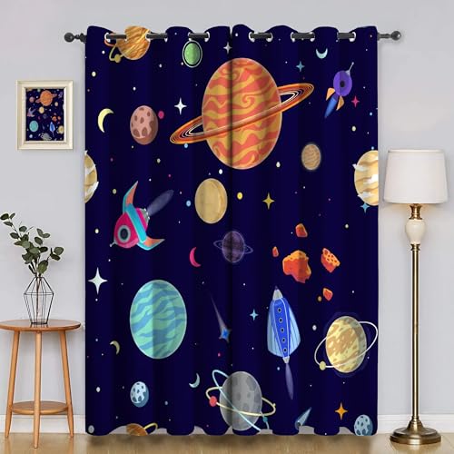 BSYYZQC Raumschiff Vorhang Verdunkelung, Ösenvorhang Planet Verdunklungsvorhänge Geräuschreduzierend, Polyester Anti-Fade Gardinen für Schlafzimmer 2er Set 260x140cm (HxB) von BSYYZQC