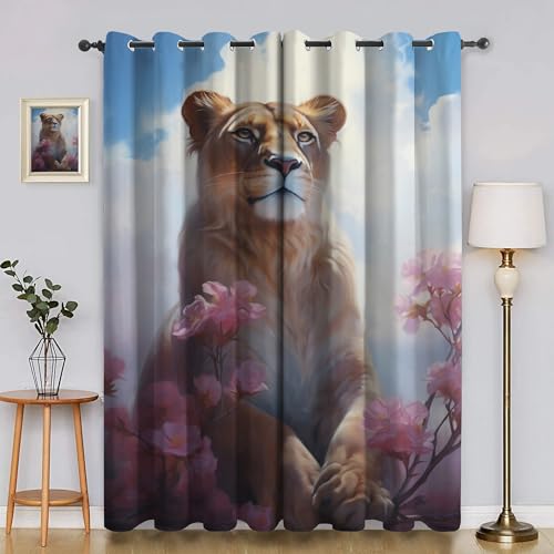 BSYYZQC Rosa BlüTen Vorhang Verdunkelung, Ösenvorhang LöWe Verdunklungsvorhänge Geräuschreduzierend, Polyester Anti-Fade Gardinen für Schlafzimmer 2er Set 260x140cm (HxB) von BSYYZQC
