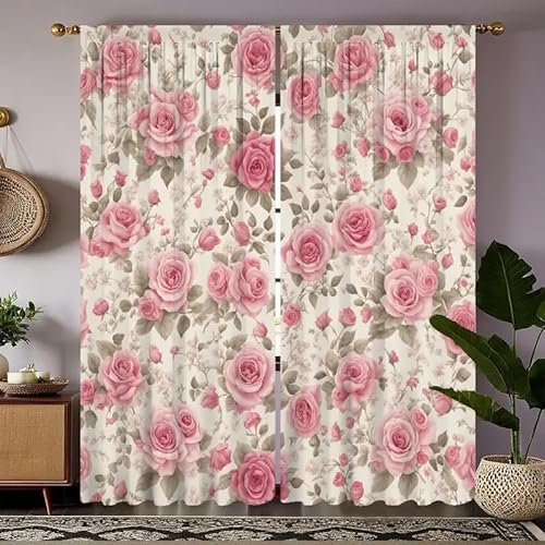 BSYYZQC Rose Vorhang Verdunkelung, Ösenvorhang Blumen Verdunklungsvorhänge Geräuschreduzierend, Polyester Anti-Fade Gardinen für Schlafzimmer 2er Set 260x140cm (HxB) von BSYYZQC